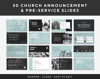 30 Church Announcement & Pre-Service Slide Templates | Modern Church Presentation Slideshow-Worship, Events, Livestream | Editable in Canva