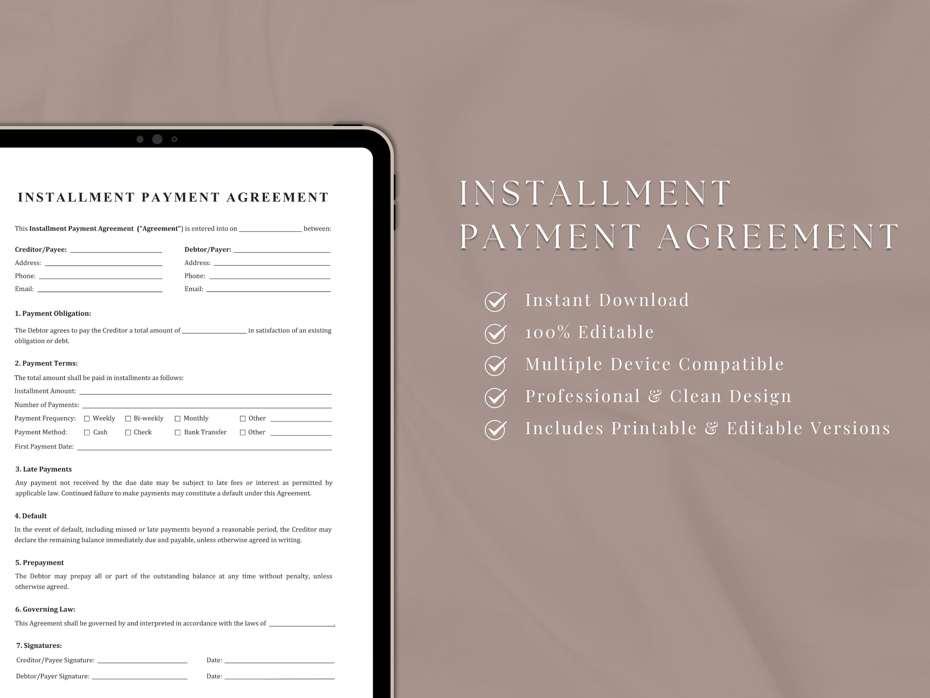 Installment Payment Agreement Template | Payment Plan Contract | Single ...