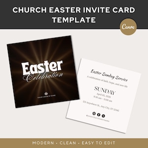 May include: Two Easter invitation card templates. One card features the text "Easter Celebration" with a radiant light burst design. The other card has details for an Easter Sunday Service, including date, time, and location.