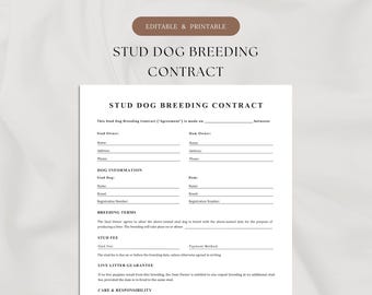 Plantilla de contrato de cría de sementales (1 página) / Imprimible y editable / Contrato de cría de perros / Contrato de camada de cachorros / Formulario de cría de sementales