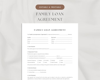 Family Loan Agreement Template | Personal Loan Contract | Promissory Note | Single Page Payment Agreement Form | Printable & Editable