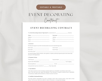 1-Page Event Decorating Contract | Event Decoration Agreement | Wedding & Party Decor Contract | Printable and Editable Decorator Contract