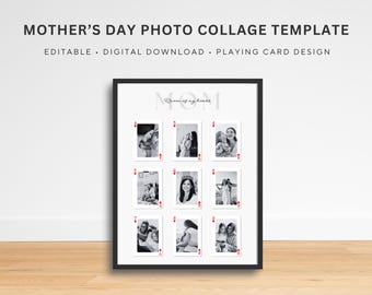 Plantilla de collage de fotos para el Día de la Madre / Regalo de collage de cartas de póker para mamá / Arte de pared imprimible de la Reina de Corazones para mamá / Plantilla editable de Canva