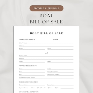May include: A printable boat bill of sale template with a minimalist design. The document includes fields for seller and buyer information, vessel details, and purchase information. The text "EDITABLE & PRINTABLE" is at the top.