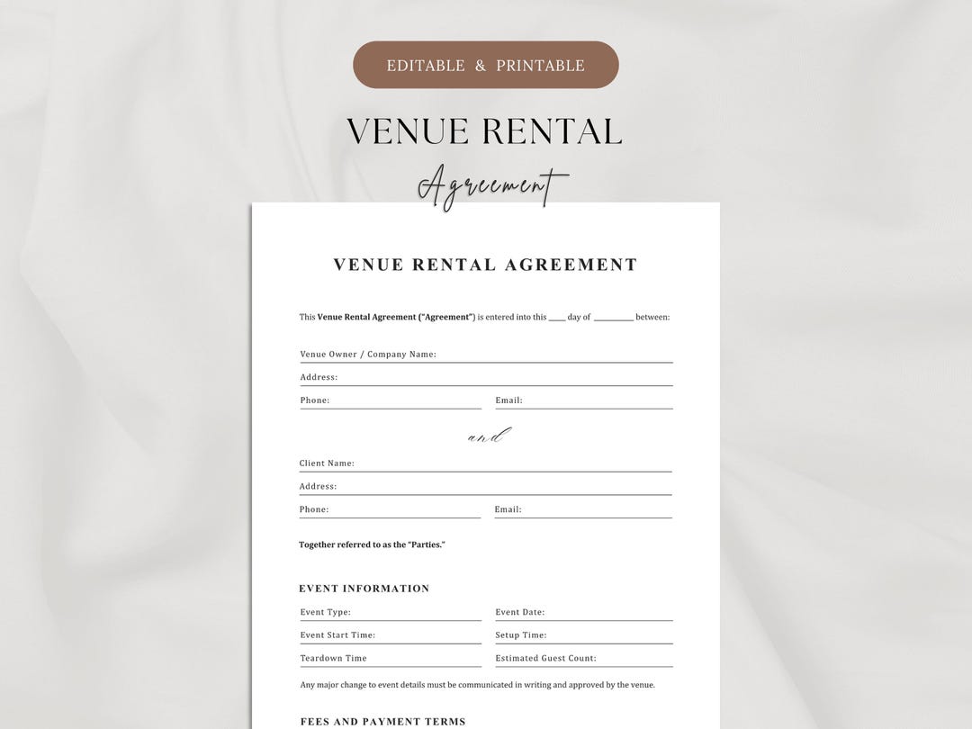 Venue Rental Agreement Template (4-page) | Printable & Editable | Venue ...