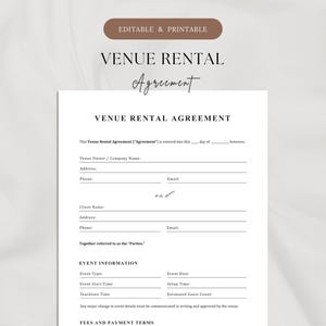 Puede incluir: Una plantilla imprimible de contrato de alquiler de locales con el texto "VENUE RENTAL AGREEMENT" en una fuente elegante. El documento incluye campos para el propietario del local, el cliente y los detalles del evento. Las palabras "EDITABLE & PRINTABLE" están en la parte superior.
