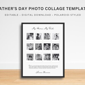May include: A black framed photo collage template for Father's Day. The template features a collection of black and white Polaroid-styled photos. The text "My Hero, My Dad" is at the top, with the name "Olivia" at the bottom.