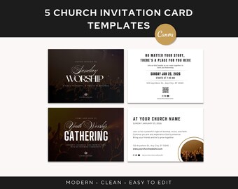 5 Modern Church Invitation Card Templates | Sunday Worship, Prayer Night, Youth Church, Welcome | Editable Church Invites | Canva Templates