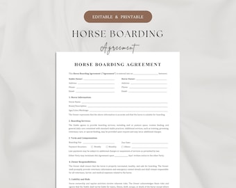 1-Page Horse Boarding Agreement Template | Horse Boarding Contract | Stable-Boarding Facility Contract | Equine Boarding Form