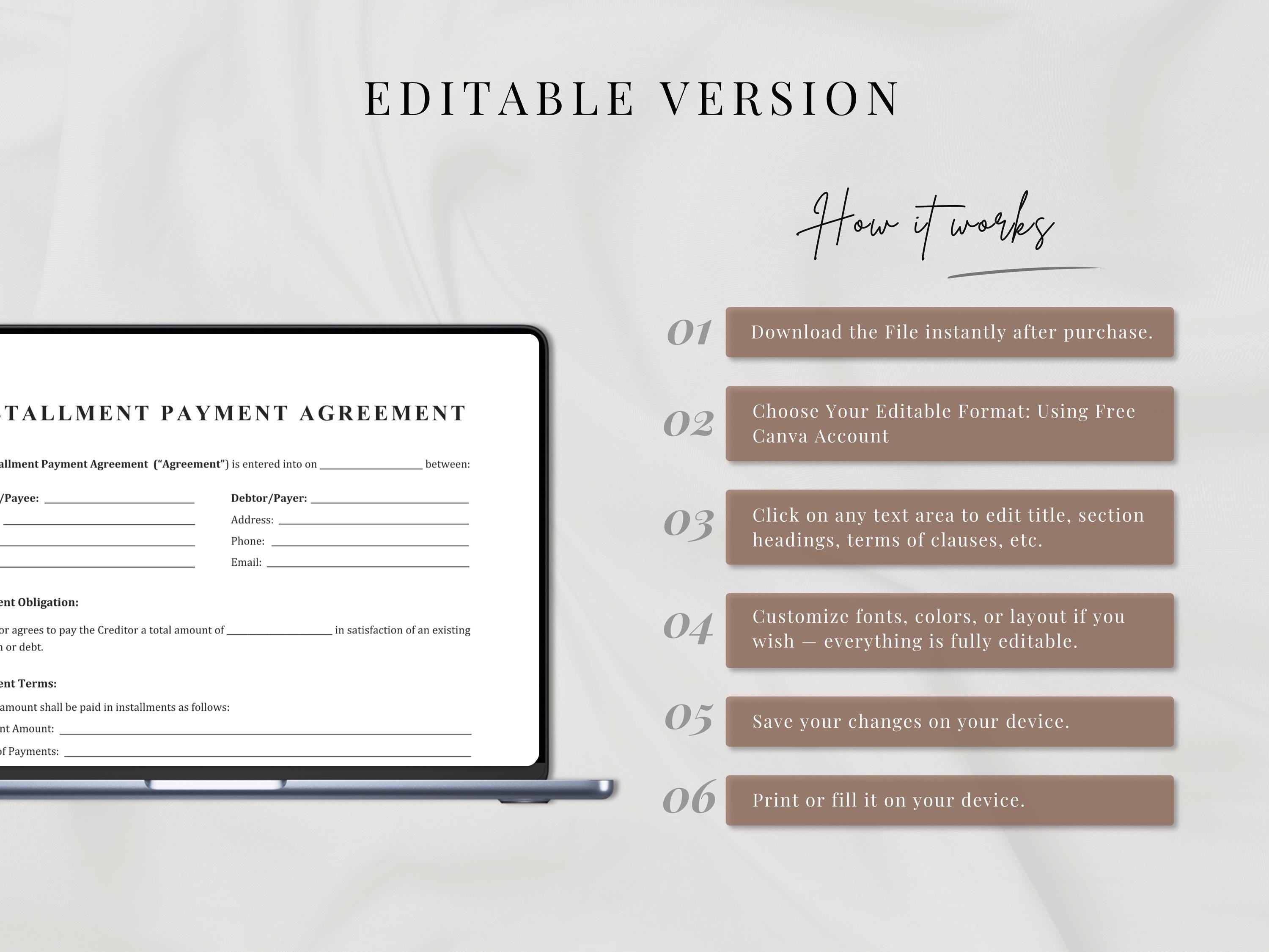 Installment Payment Agreement Template | Payment Plan Contract | Single ...