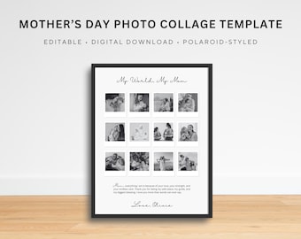 Plantilla de collage de fotos Polaroid para el Día de la Madre / Regalo personalizado de cuadrícula de fotos para mamá / Arte de pared con collage de recuerdos imprimible / Editable en Canva