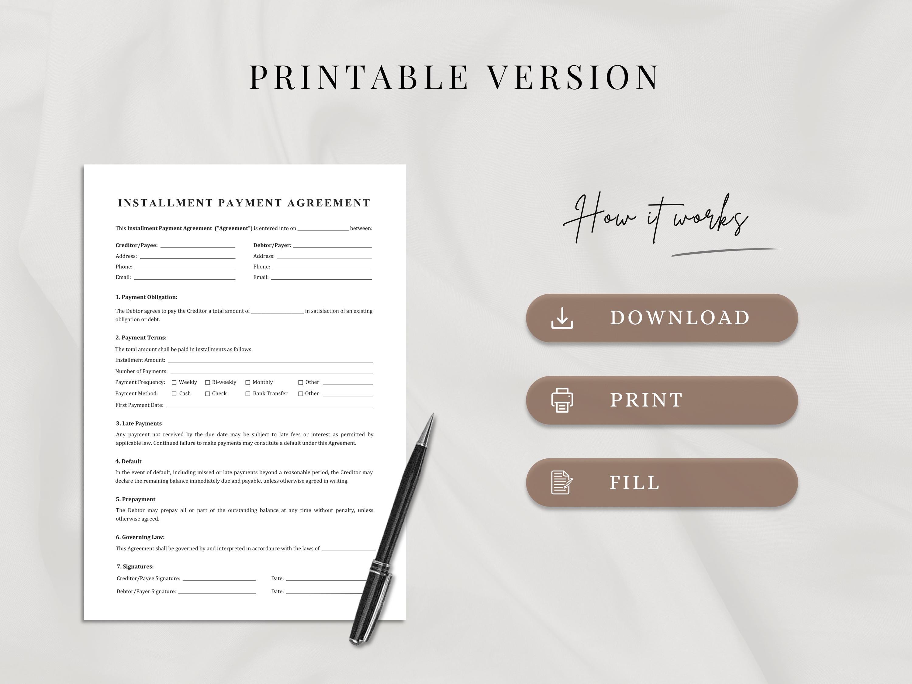 Installment Payment Agreement Template | Payment Plan Contract | Single ...
