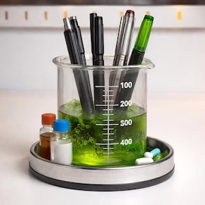 May include: A clear beaker with a green liquid and several pens inside. The beaker sits on a metal tray with small bottles and pills. The pens are black, silver, and green. The beaker has measurement markings.