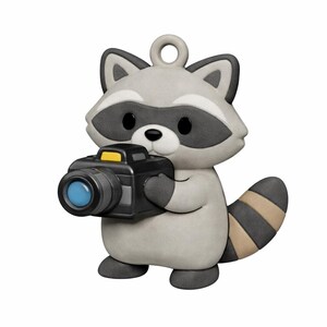 Könnte beinhalten: Grau-weiße Waschbärfigur, die eine schwarze Kamera mit gelbem Oberteil und blauem Objektiv hält. Der Waschbär hat eine schwarze Maske, Ohren und Schwanzstreifen. Die Figur hat oben eine Schlaufe zum Aufhängen.