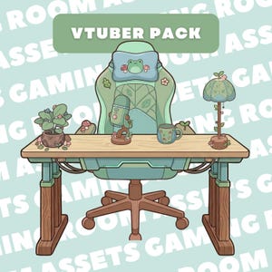 Peut inclure: Illustration d'une configuration de jeu avec un bureau, une chaise et des accessoires. Le bureau a un plateau en bois et des pieds turquoise. La chaise est verte avec un coussin grenouille. Accessoires : lampe, tasse, plante et micro. Le texte "VTUBER PACK" est en haut.