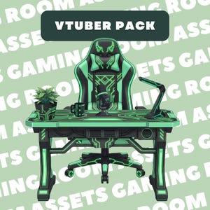 Peut inclure: Un ensemble de jeu avec un bureau, une chaise et des accessoires. Le bureau et la chaise sont noirs et verts avec des motifs de circuits imprimés. L'ensemble comprend un microphone, une lampe de bureau et une plante en pot. Le texte "VTUBER PACK" est affiché sur une bannière vert foncé.