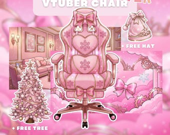 Uroczy zimowy fotel gamingowy PNG + darmowe świąteczne tło | Świąteczny zasób VTuber Room | Różowy świąteczny rekwizyt do streamingu | Sezonowy wystrój PNGTuber