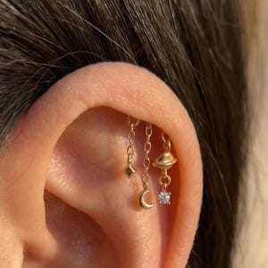 Hidden Helix Astronomy Chain Earring, Cute Planet Celestial Cartilage Stud, Sterling Silver Gold Flatback, Moon Planet CZ Dangle Gift