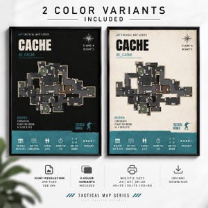 以下が含まれることがあります： ビデオゲームのタクティカルマップ「Cache」が描かれた2枚の額入りポスター。1枚は黒い背景、もう1枚はクリーム色の背景です。どちらもマップのレイアウト、座標、ミッションの目的、ゲームの統計情報が黒と青のテキストで表示されています。