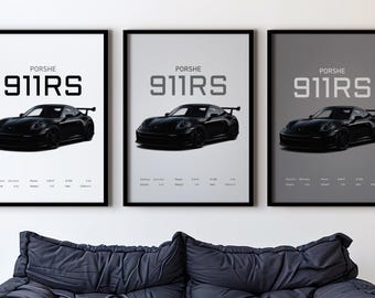 Porsche 911 RS Posterset - Minimalistisk bilväggkonst - 3 bakgrunder (digital nedladdning)