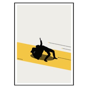 May include: A minimalist poster with a black silhouette of a figure falling backwards on a yellow diagonal. The figure has one arm raised. The word "MATRIX" is printed in the lower left corner against a cream background.