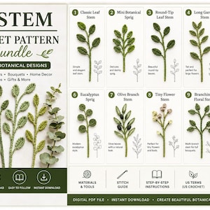 May include: A digital PDF bundle featuring 10 stem crochet patterns with botanical designs. The document displays images of crocheted green leaves and stems, numbered one through ten, with descriptive text for each unique plant variety.