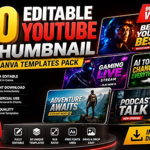 Puede incluir: Un paquete digital de 50 plantillas de Canva para miniaturas de YouTube editables con varios diseños gráficos, incluyendo texto como 50 EDITABLE YOUTUBE THUMBNAIL, ADVENTURE AWAITS, GAMING LIVE STREAM, AI TOOLS CHANGED EVERYTHING y PODCAST TALK.