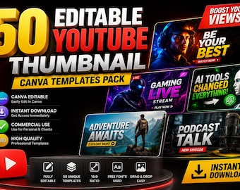 50 Editable YouTube Thumbnail Canva Templates | Branding Kit (Digital Download)