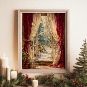 May include: A framed painting depicting an open window with deep red and cream-coloured curtains, revealing a snowy forest scene. The artwork is displayed on a mantelpiece decorated with evergreen branches, red berries, pinecones, and white candles.