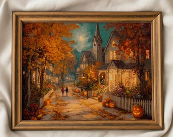 May include: A framed oil painting depicting a nighttime autumn street scene with a house, tall trees with orange foliage, a white picket fence, and several glowing jack-o'-lanterns. Two figures walk down the path under a full moon in the sky.