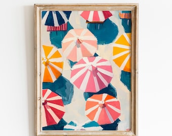 Pastelkleurige strandparasols muurkunst | Kleurrijk kustdecor | Zomerkunstwerk aan zee | Oceaanroze olieverfschilderij | Hedendaagse kunstafdruk voor thuis
