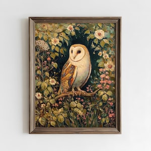 May include: A framed oil painting featuring a barn owl perched on a branch amidst a dense thicket of green leaves and small white and pink flowers. The owl has a white heart-shaped face and brown, tan, and cream-colored feathers on its wings.