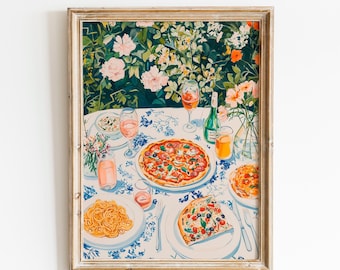 May include: A framed print of a table set for a meal, featuring pizza, pasta, wine, and flowers. The table is covered with a blue and white floral tablecloth. The background shows a lush garden with pink and orange flowers.