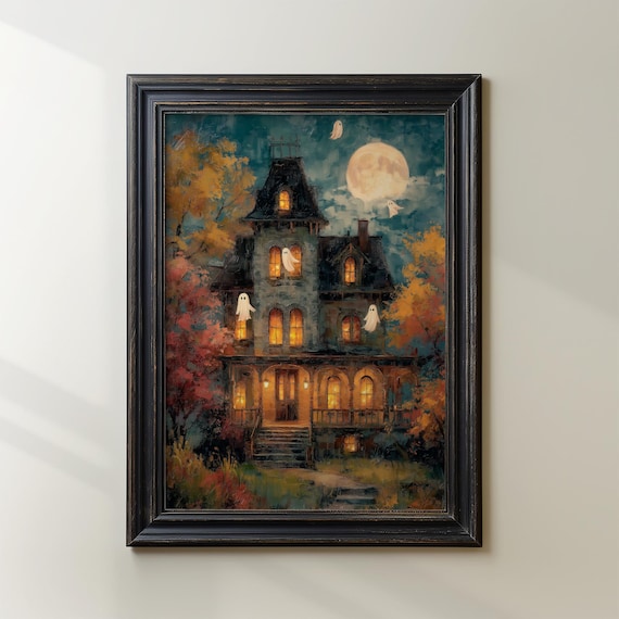 Haunted House Halloween Print | Spooky Victorian Mansion Art | Autumn Ghost Wall Decor | Full Moon Haunted House | Gothic Halloween Decor