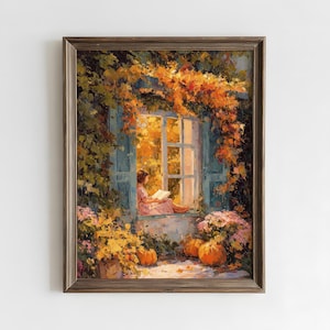 May include: A framed oil painting depicting a person sitting in a window frame reading a book. The scene is surrounded by autumn foliage, orange pumpkins, and flowers in shades of yellow and pink, all enclosed in a dark brown wooden frame.