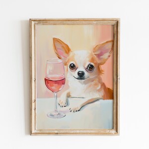 Chihuahua with Wine Glass Wall Art | Chic Dog Oil Painting | Pastel Small Dog Art Print | Modern Animal Decor | Red Wine Decor Wall Art