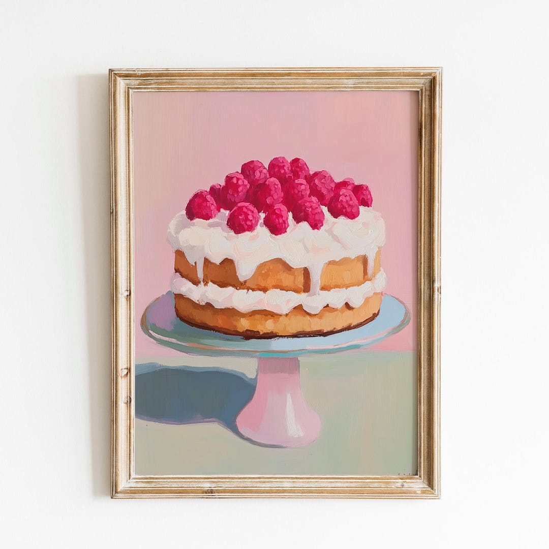 Strawberry Cake Wall Art | Pastel Dessert Kitchen Decor | Pink Cake Oil ...