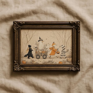 May include: A framed illustration in a dark ornate frame depicting a black cat, a ghost in a witch hat, a fox in an orange coat, and a child in a striped outfit pulling a wooden wagon filled with pumpkins through a forest of bare trees.