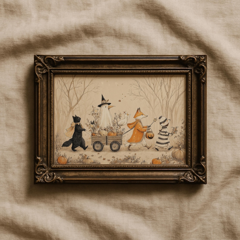 May include: A framed illustration in a dark ornate frame depicting a black cat, a ghost in a witch hat, a fox in an orange coat, and a child in a striped outfit pulling a wooden wagon filled with pumpkins through a forest of bare trees.