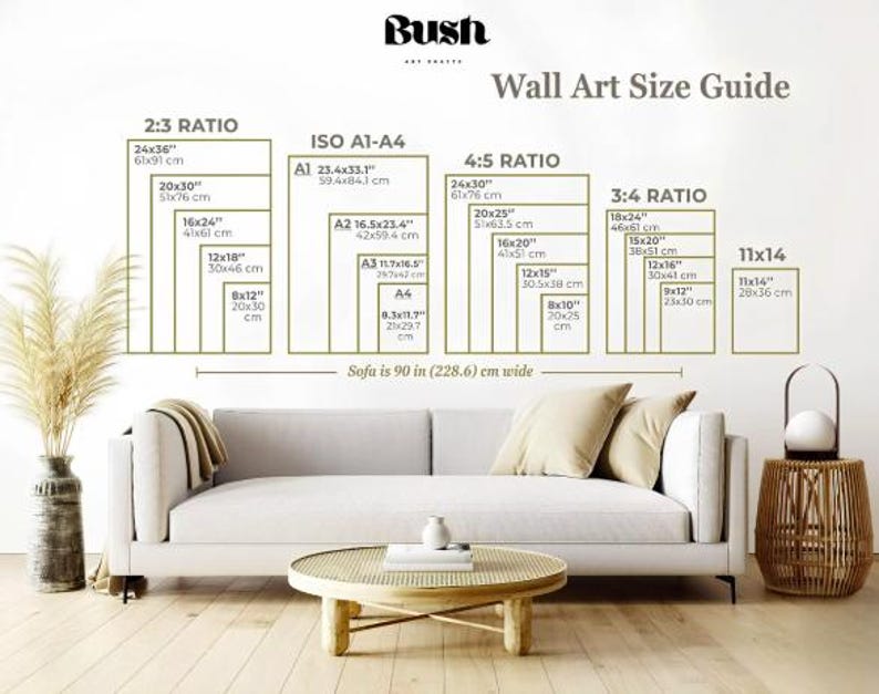 May include: A wall art size guide chart featuring ratios 2:3, ISO A1-A4, 4:5, 3:4, and 11x14 with dimensions in inches and centimeters. The text Bush Art Crafts is at the top, and a note indicates the sofa is 90 inches or 228.6 cm wide.