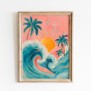 May include: A framed painting featuring a vibrant coral pink sky with a bright yellow sun, teal palm trees, and white seagulls. A large, textured teal ocean wave dominates the foreground, accented with gold paint details throughout the water.