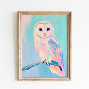 Pastel Owl Oil Paint Art Print | Colorful Barn Owl Illustration | Vibrant Bird Painting | Soft Owl Animal Artwork | Modern Owl Wall Print