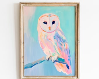 Pastel Owl Oil Paint Art Print | Colorful Barn Owl Illustration | Vibrant Bird Painting | Soft Owl Animal Artwork | Modern Owl Wall Print