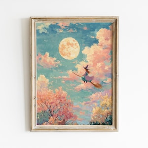 May include: A framed wall art print featuring an oil painting of a witch in a purple hat and dress flying on a broomstick across a sky filled with pink and blue clouds, with a large, glowing full moon centered in the upper portion of the scene.