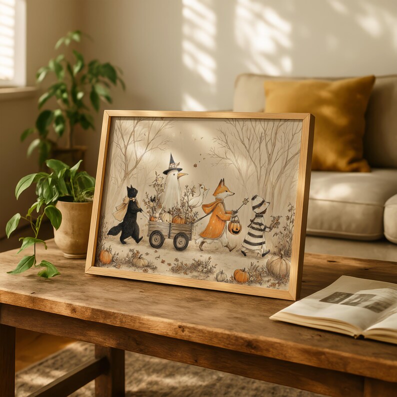 May include: A framed illustration in a light wood frame depicting a black cat, a bird in a witch hat, a fox in an orange cloak, and a striped figure pulling a wooden wagon filled with pumpkins through a forest with bare trees and fallen leaves.