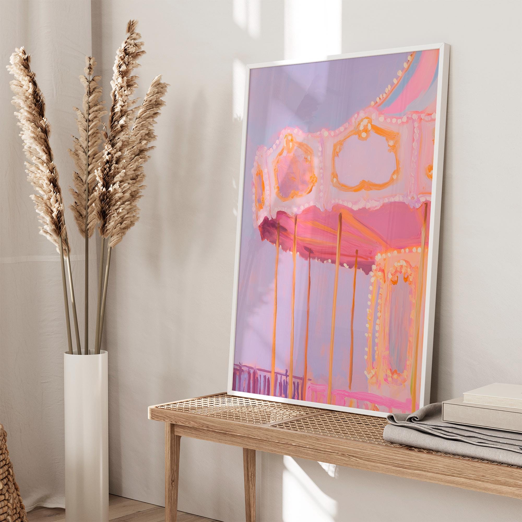 Pastel Carousel Wall Art | Soft Pink Carnival Print | Dreamy Amusement ...