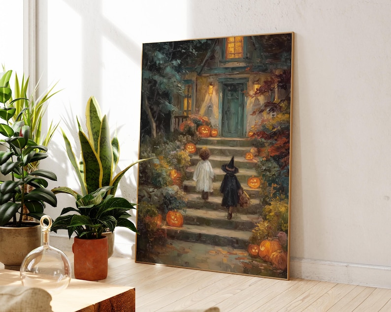 May include: A rectangular wall art print featuring an oil painting of two children in costumes walking up stone steps toward a house entrance at night. The scene is decorated with numerous glowing orange pumpkins, autumn foliage, and warm porch lights.