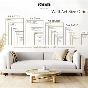 May include: A wall art size guide displays various rectangular art print sizes, including 24x36 inches (61x91 cm), 20x30 inches (51x76 cm), and 16x24 inches (41x61 cm). The guide is above a white sofa, with a round coffee table and a decorative side table.