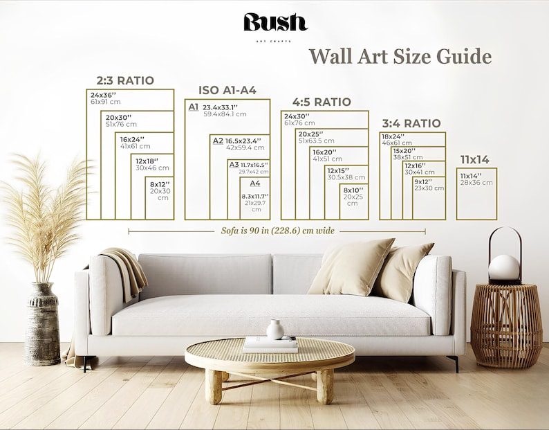 May include: A wall art size guide displays various rectangular art print sizes, including 24x36 inches (61x91 cm), 20x30 inches (51x76 cm), and 16x24 inches (41x61 cm). The guide is above a white sofa, with a round coffee table and a decorative side table.