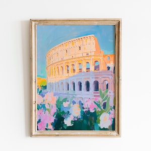Kolosseum Pastell Kunstdruck | Rom Italien Öl Gemälde | Floral Wahrzeichen Illustration | Rosa Blumen Kunstwerk | Impressionistische Reisewandkunst